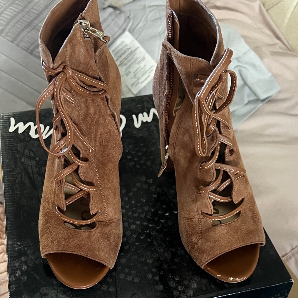 Sam Edelman Tan Suede Lace-Up Peep Toe Boots